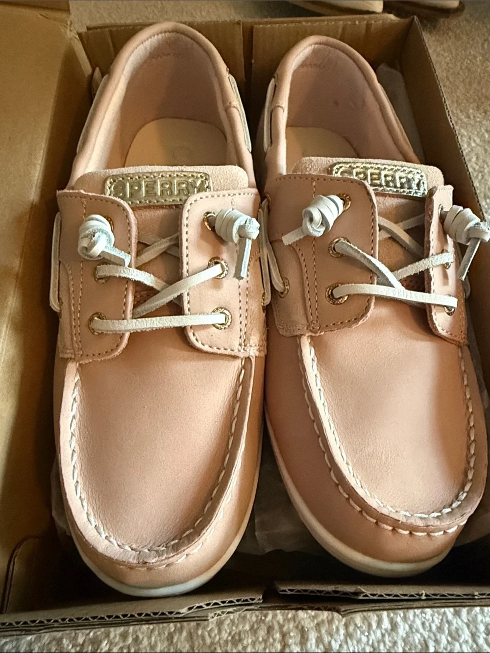 Sperry Girls Blush Leather Boat Shoes with Gold Accents new in box size 5